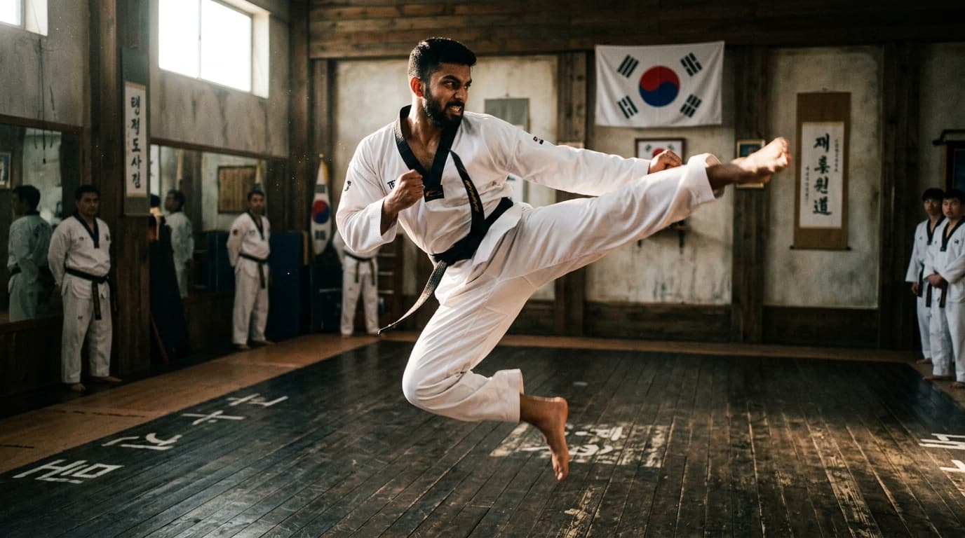 Taekwondo athlete practicing a high kick